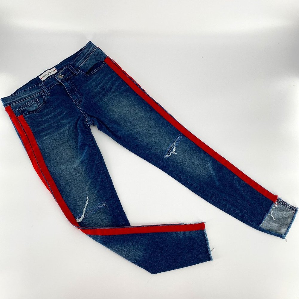 Etienne Marcel Tammy Side Stripe Skinny Double Red Ribbon High Low Raw Hem Jeans